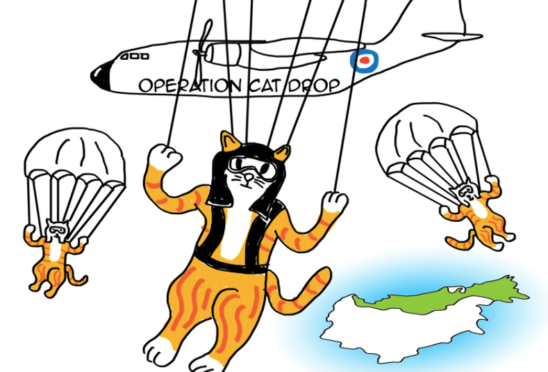 Cartoon of cats parachuting from a plane marked Operation Cat Drop toward Borneo