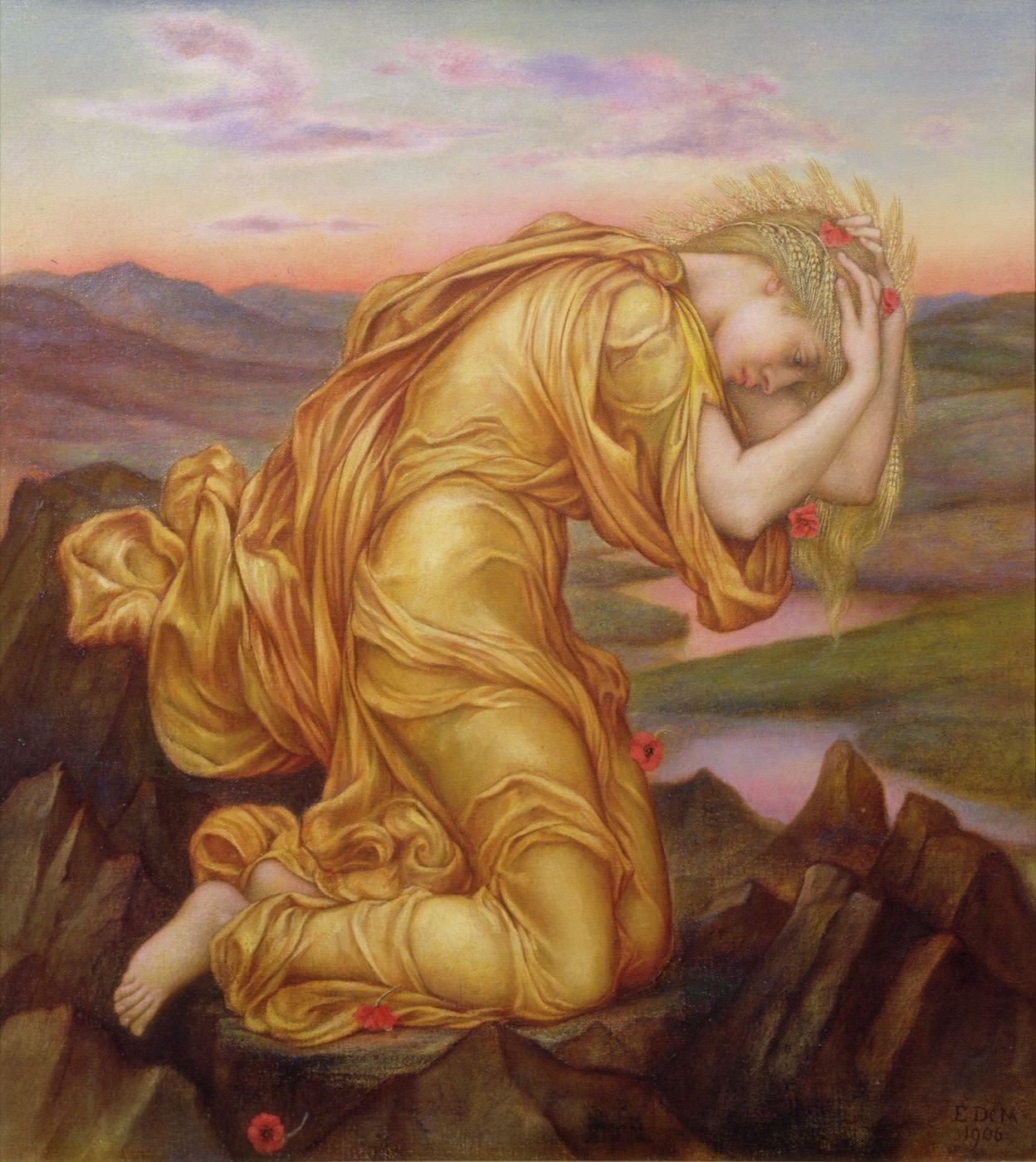 A painting of a woman in a flowing gold robe kneeling on bare brown rock, head bowed into her raised arms, a crown of wheat ears in her long fair hair. Red poppies fall around her, and behind her a pale river winds through empty hills under a pink evening sky