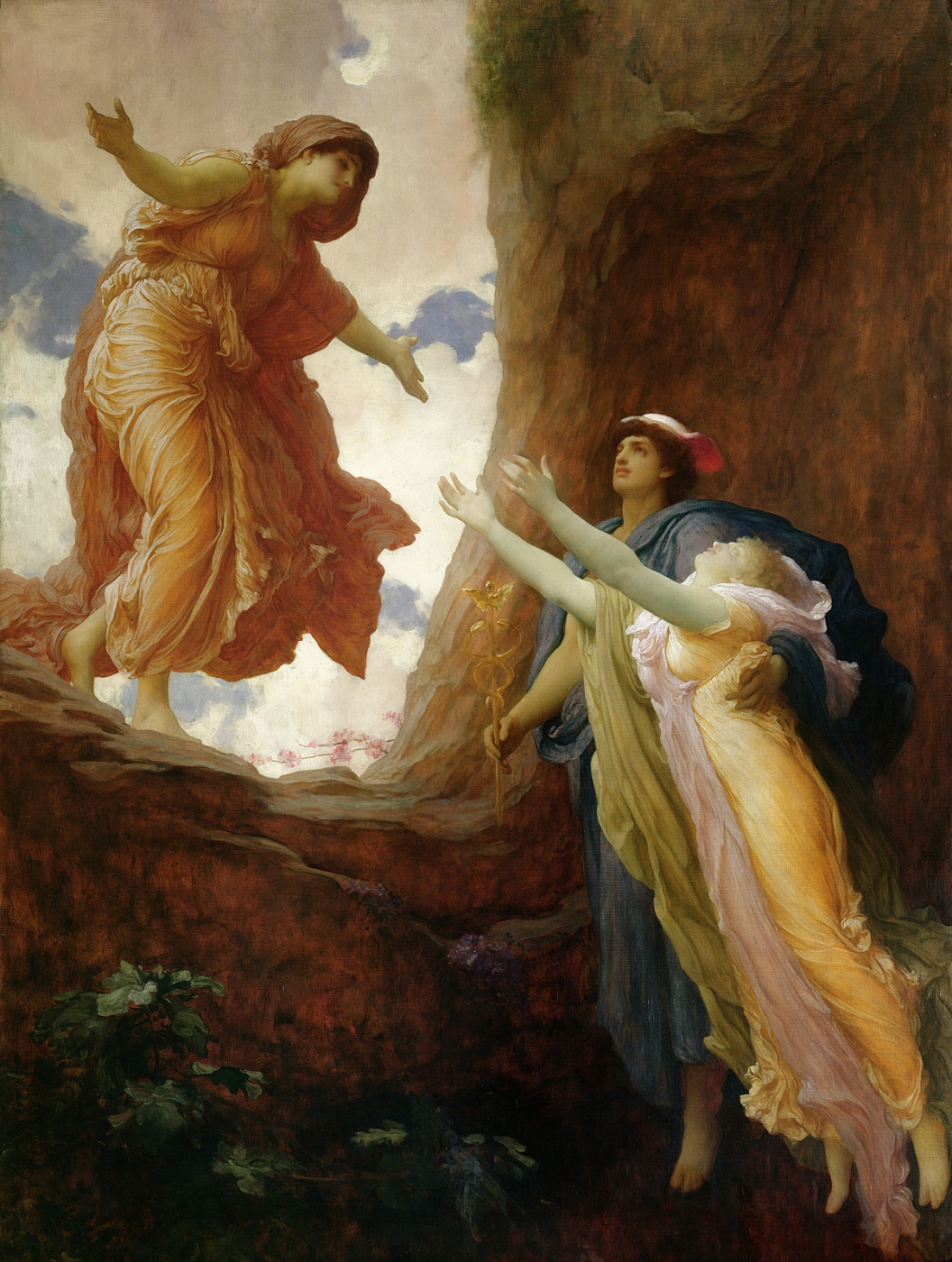A painting of a woman in flowing orange robes standing on a sunlit rock ledge, arms open, reaching down toward a pale young woman in pink and gold who is lifted up out of a dark cave by a young man in a winged cap and blue cloak holding a golden staff