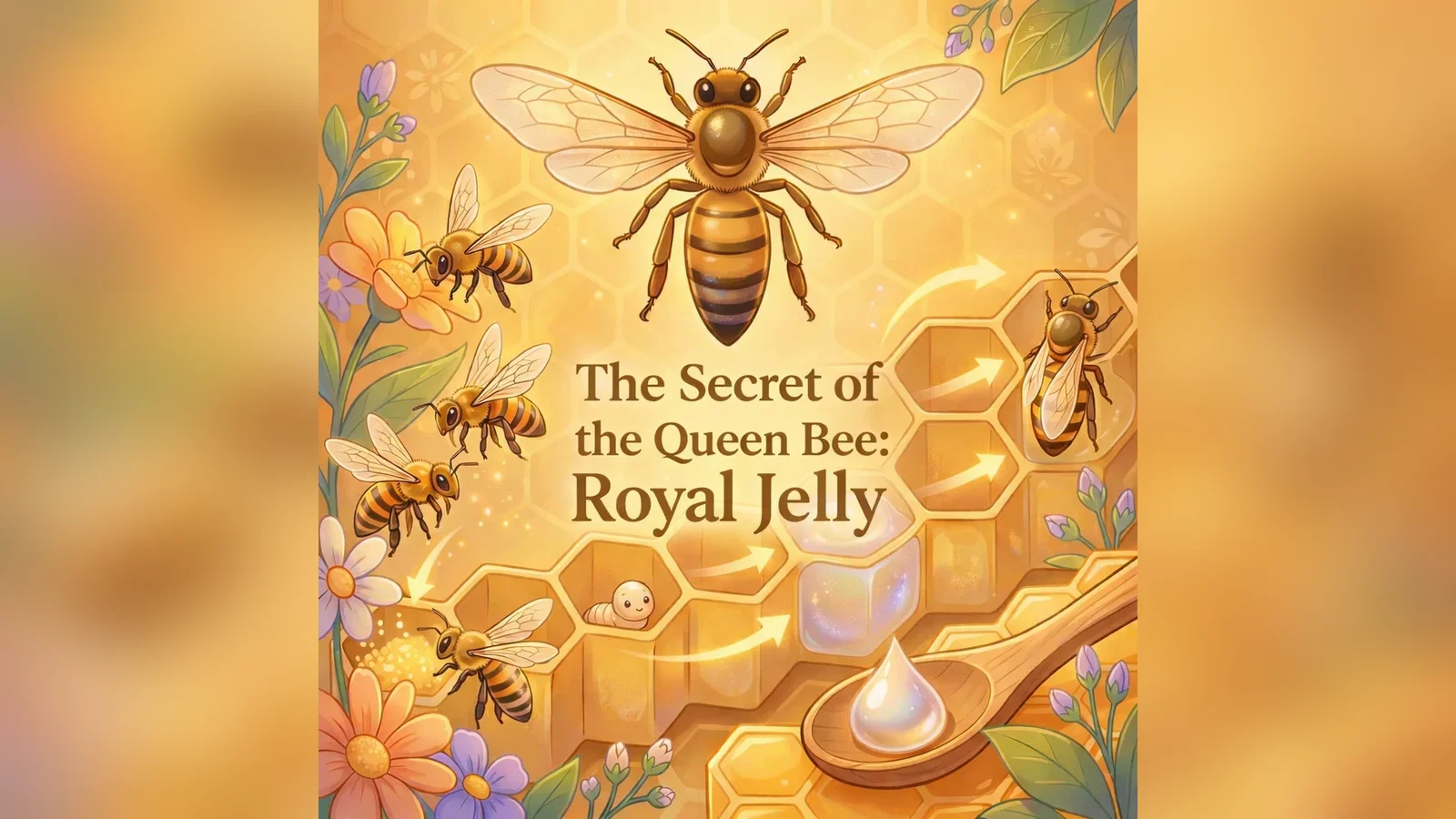 Illustration of a queen bee above honeycomb with a spoon of royal jelly