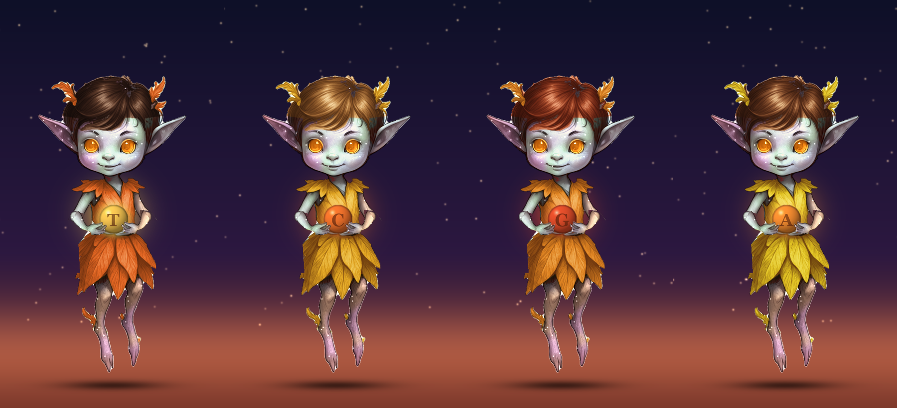 Four wingless sprites in a row on a dusk field, pastel shimmering skin and amber eyes, each cupping a glowing bead at its chest stamped A, C, T or G