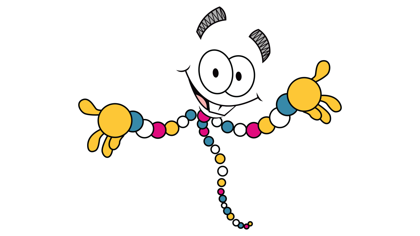 Cartoon of Mr. DNA, a grinning strand of colored beads with arms flung wide