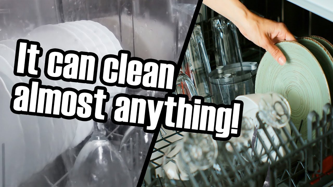 Split frame: plates inside a running dishwasher on the left, a hand loading a green plate into the rack on the right, under the words It can clean almost anything!