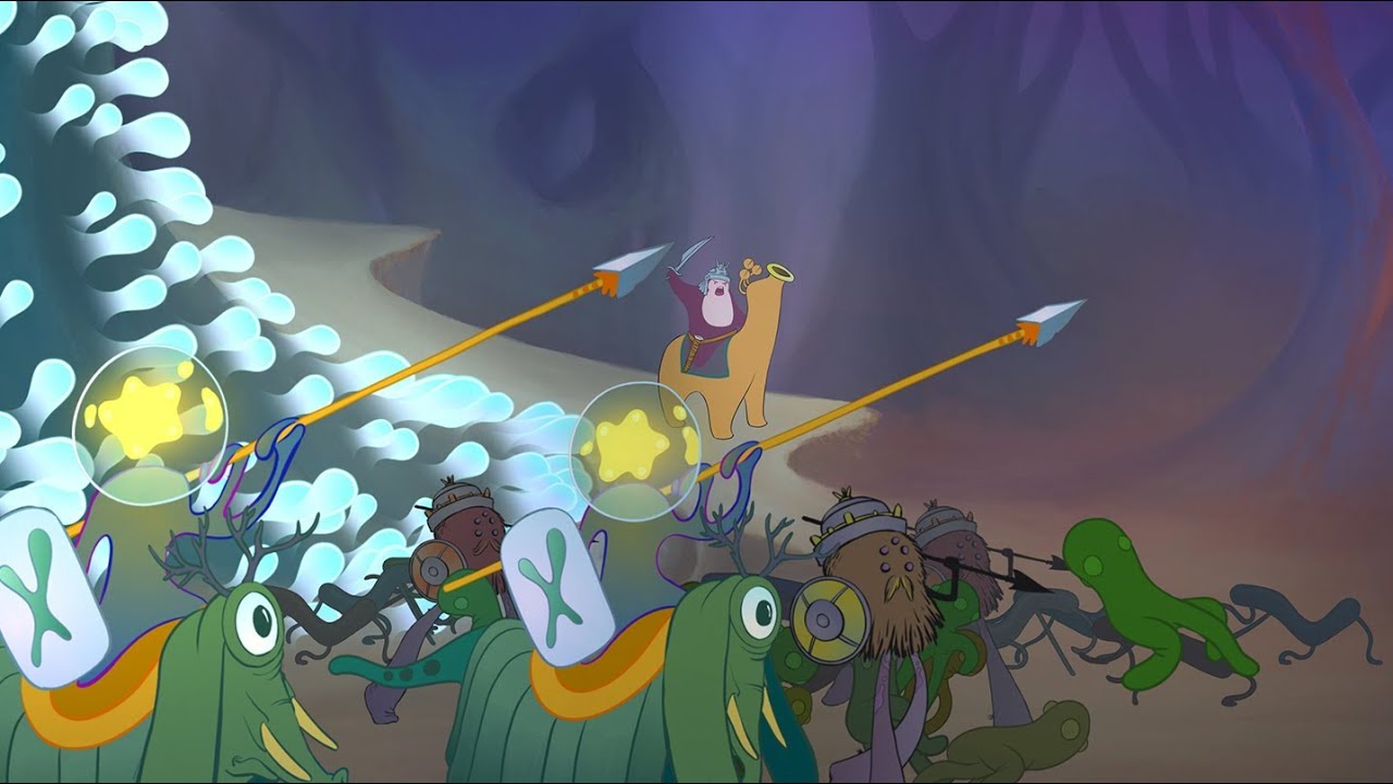 Cartoon microbes in helmets ride into battle with spears through a purple cave of folded body tissue