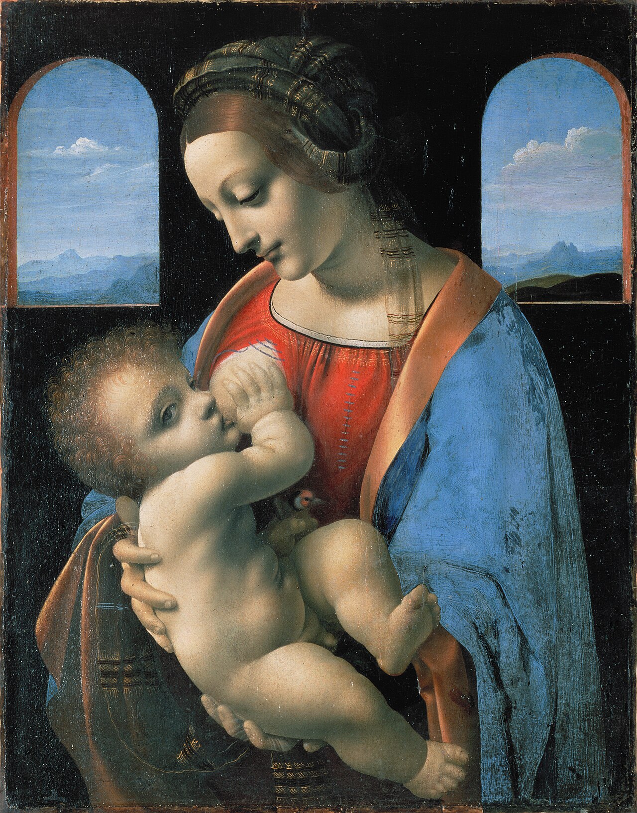 The Madonna Litta: a woman in a red dress and blue cloak looks down at the curly-haired baby nursing at her breast; two arched windows behind them open on blue mountains