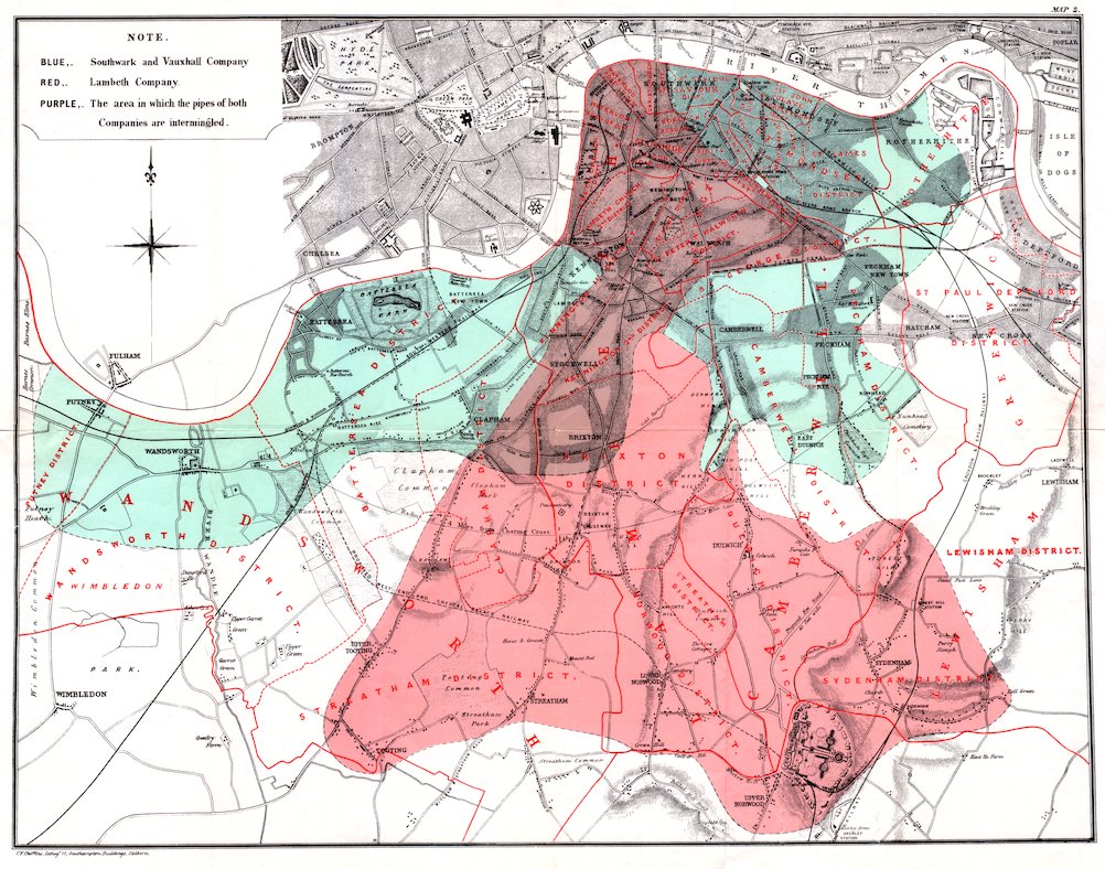A hand-colored map of the districts of London south of the Thames, from Snow’s 1855 book: one water company’s area shaded blue, the other’s red, and a band of purple where the two companies’ pipes run down the same streets