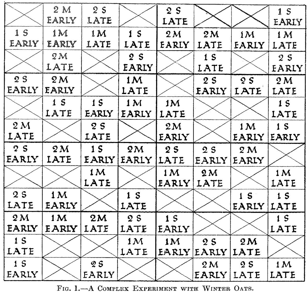A grid of 96 hand-lettered squares in eight blocks. Each square reads a dose and a form, such as 2 M or 1 S, over EARLY or LATE; the plots with no nitrogen are marked with a large X