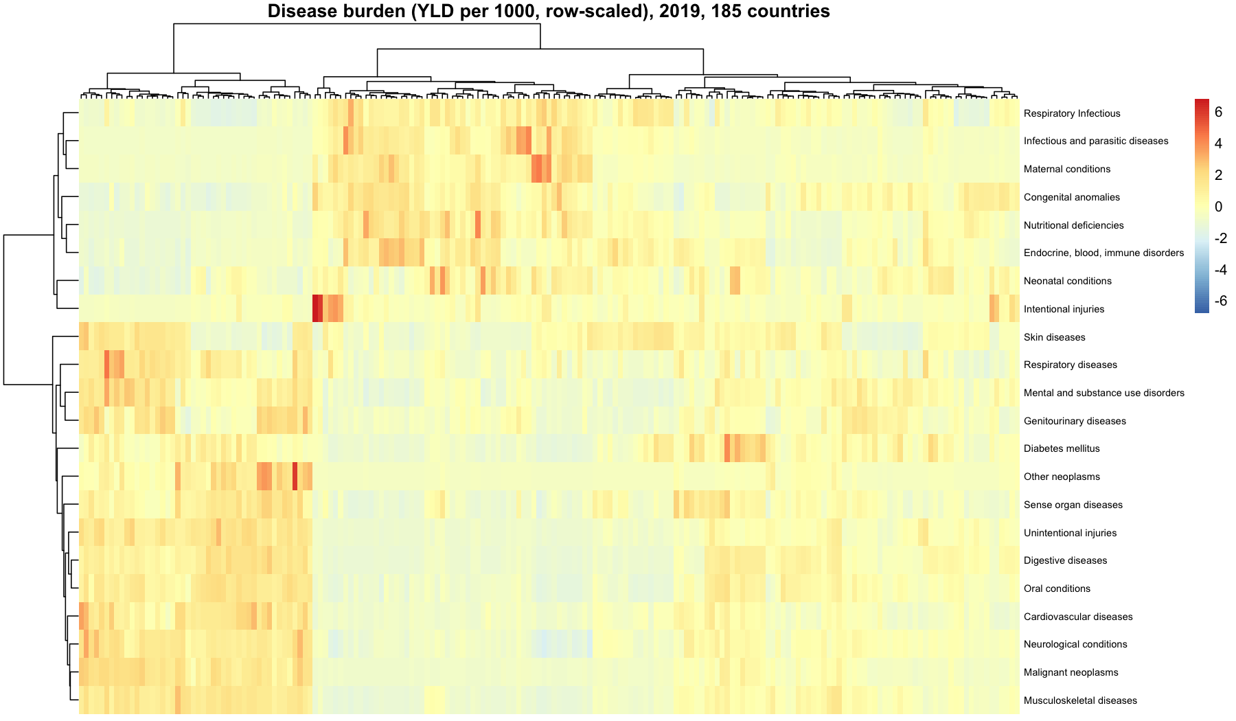 Disease burden heatmap, 22 categories by 185 countries