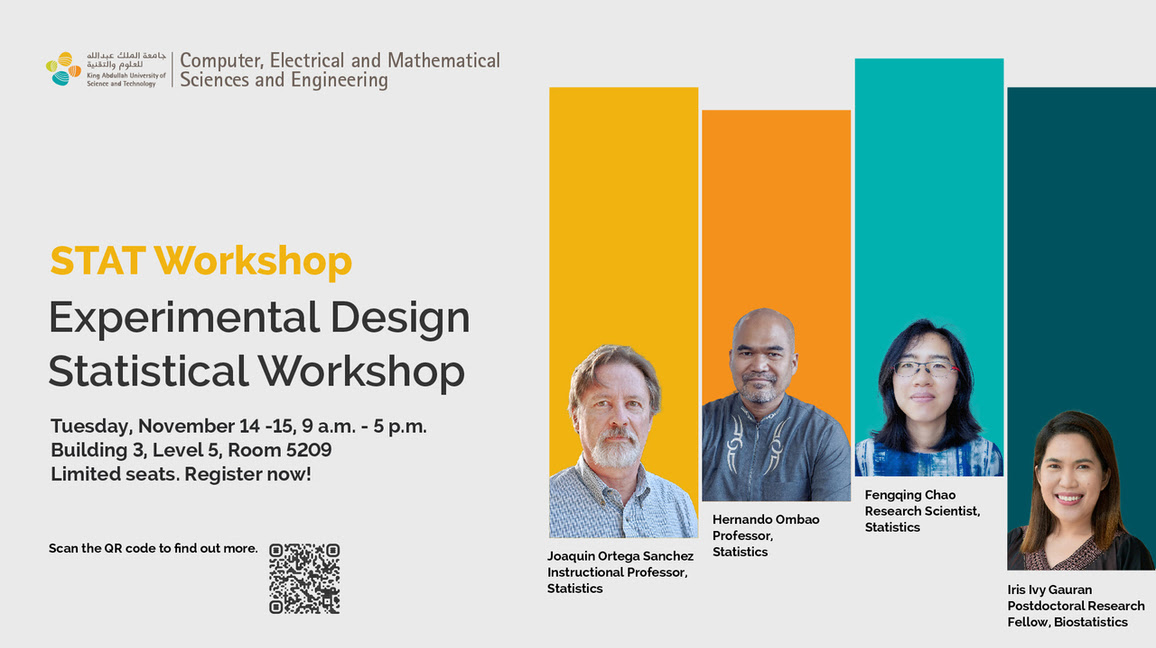Flyer for the KAUST Experimental Design Statistical Workshop, listing Iris Ivy Gauran among the four instructors